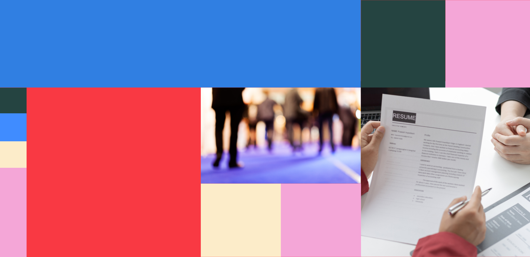 banner image with colourful rectangles and photos 