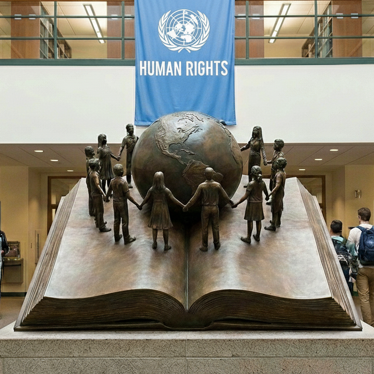 A bronze statue of a book with children standing around the earth, in a library. A banner in the background says "Human Rights"