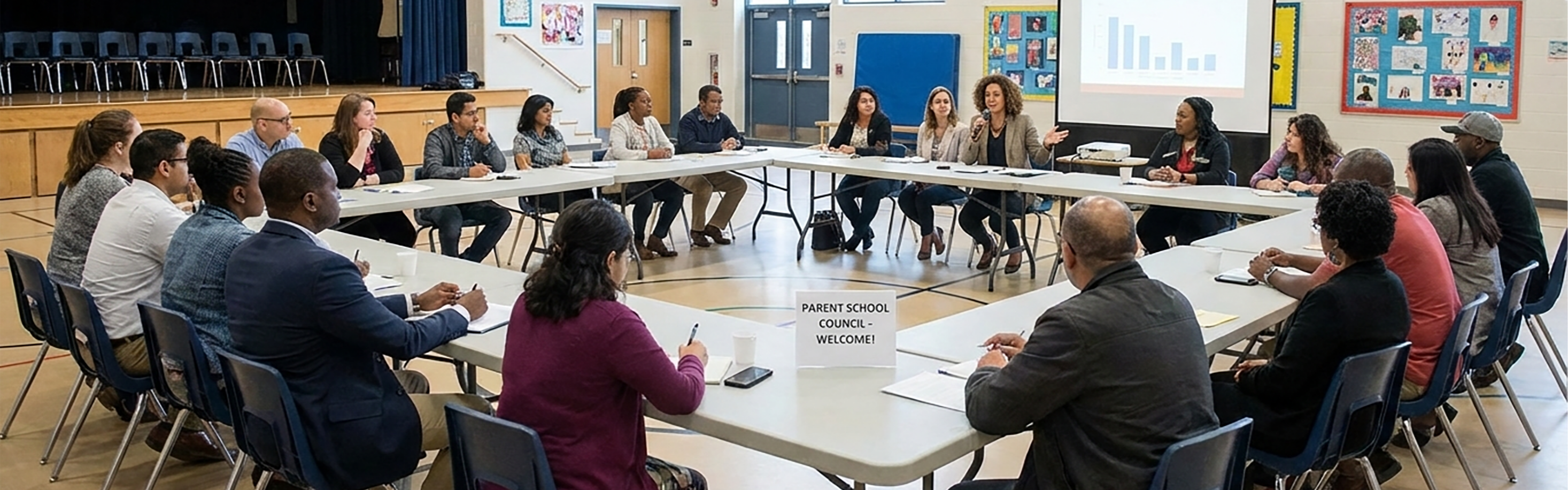 AI generated image of parents attending a school council meeting in a school gym.