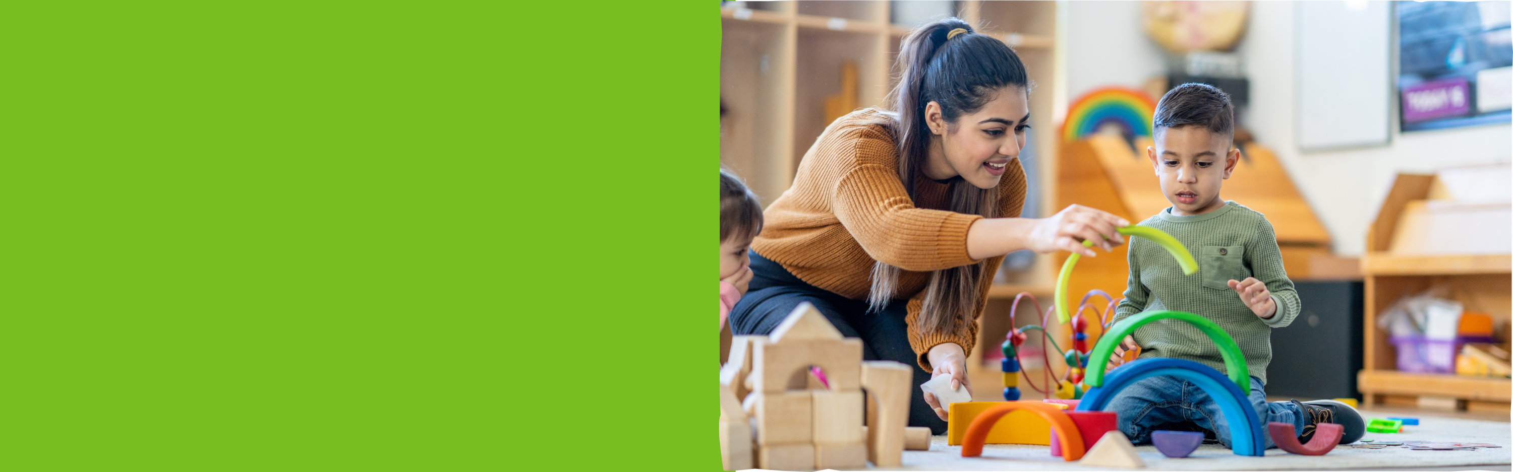 A composite image with a green box on the left and a photo of a teacher and student on the right.