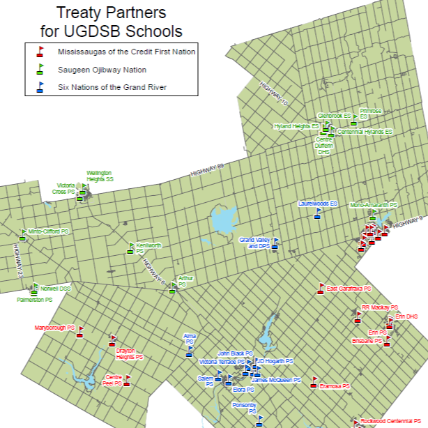 A map of the UGDSB's schools and treaty partners