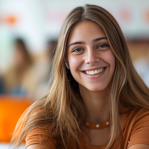 student smiling in a classroom