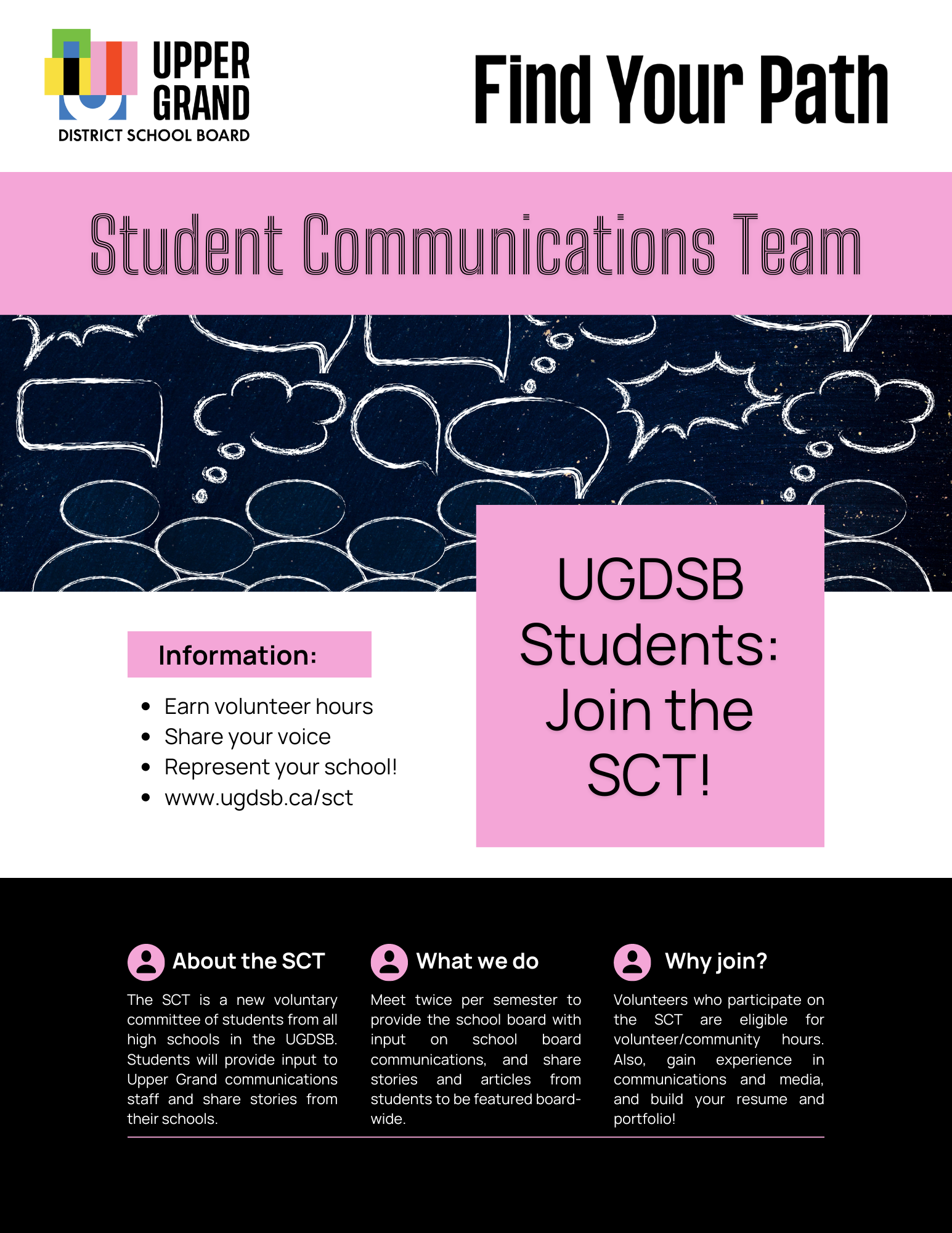 Poster promoting the new UGDSB Student Communications Team