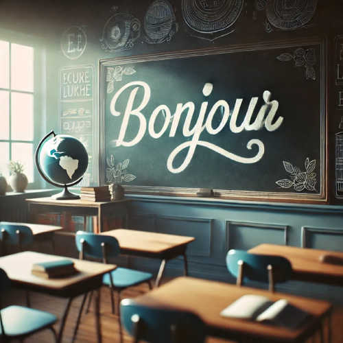 An AI-generated image of a classroom, featuring a chalkboard with the word 'Bonjour' written on it