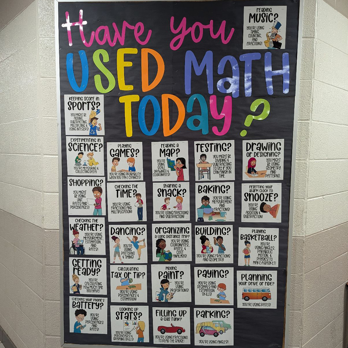 A Math Board pictured in a school hallway.