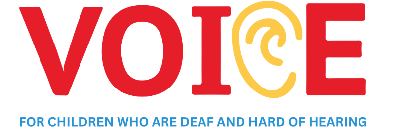 Image of a graphic with text that reads 'VOICE' prominently, followed by the word 'CHILDREN' in smaller font and 'DEAF AND HARD OF HEARING' beneath it.