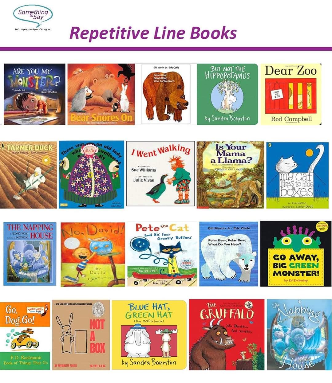 A collection of children's books with playful titles, displayed in a grid on a purple background.