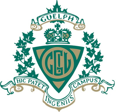 This is a logo for Guelph University, featuring a shield and the text 'HONOS ET LABORUM DIGNUM EST.' It's set against a backdrop of green trees with maple leaves.