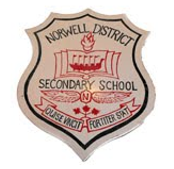 A school sign with the name 'Norwell District Secondary School' displayed, featuring a shield emblem and text.