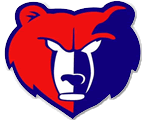 A graphic of a bear with red and blue colors, representing a team logo.