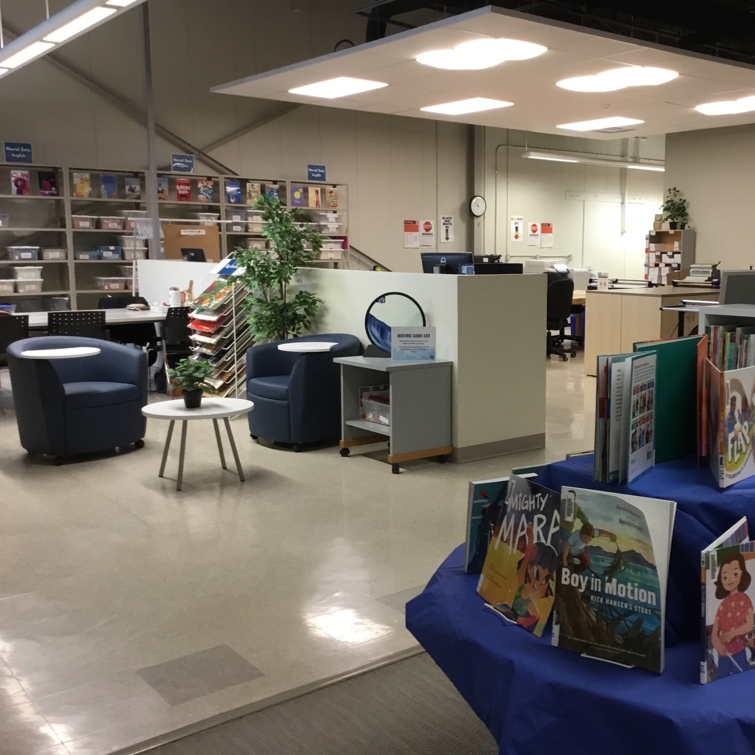 a book display, a seating area