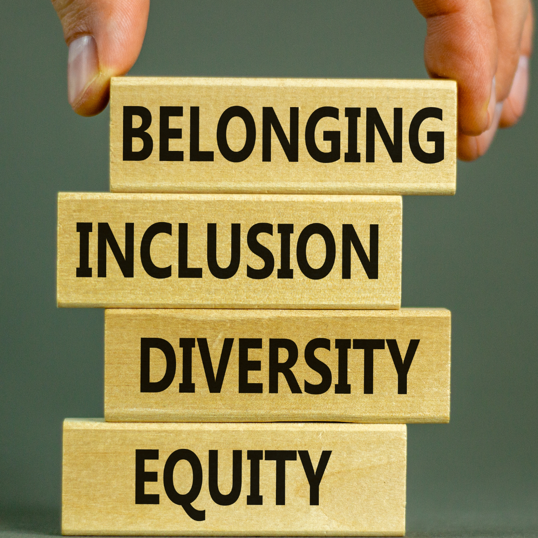 Stack of blocks with the words belonging, inclusion, Diversity and equity