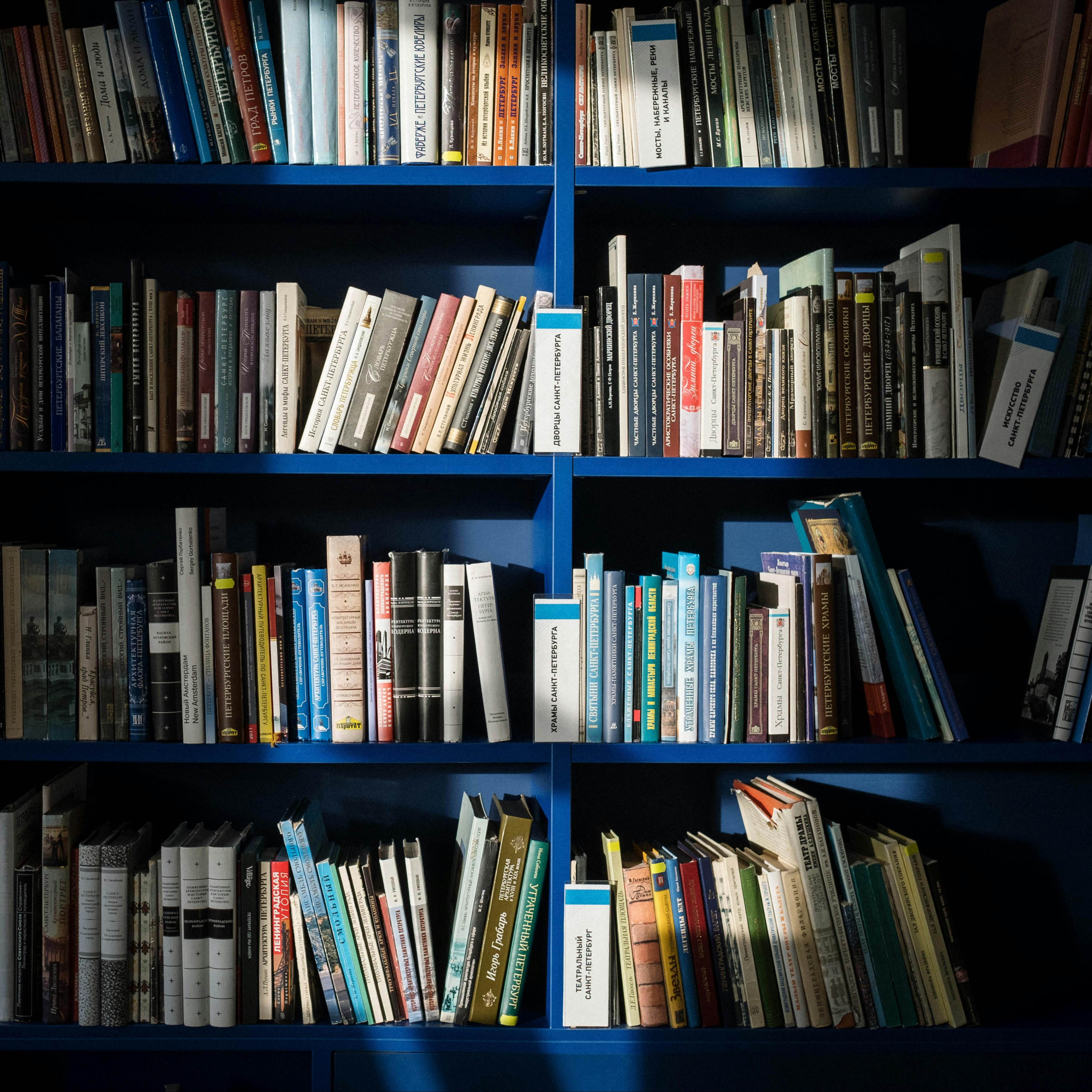 Blue bookshelves with books