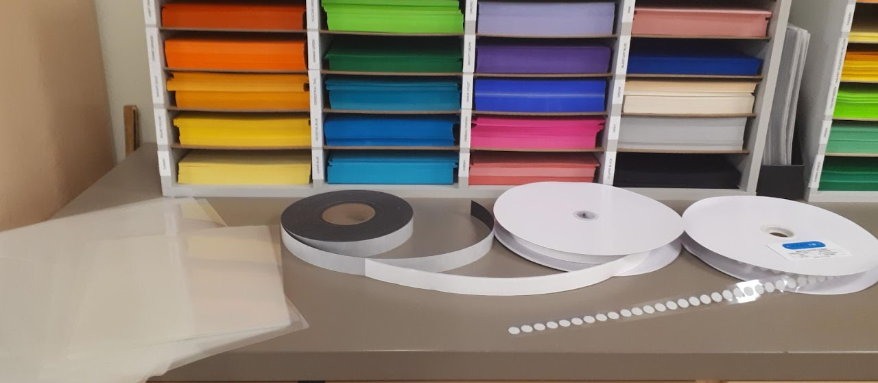 Colour paper, velcro, magnet tape, and laminating pouches