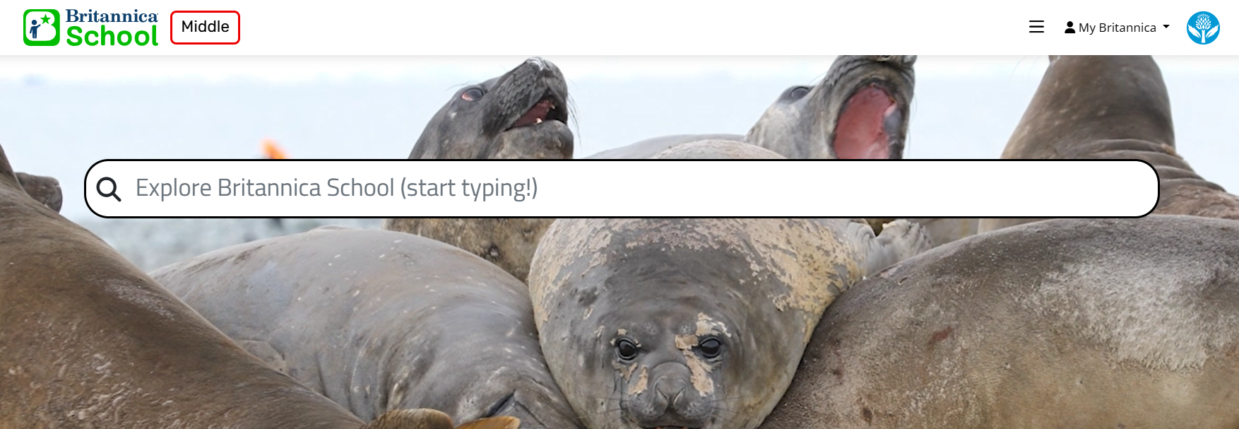 Screenshot of the Britannica School homepage