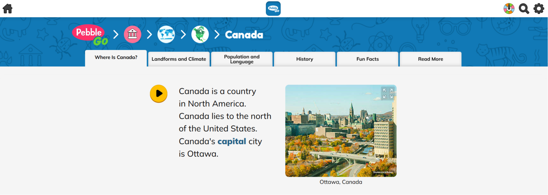 Screenshot of the PebbleGo Canada article