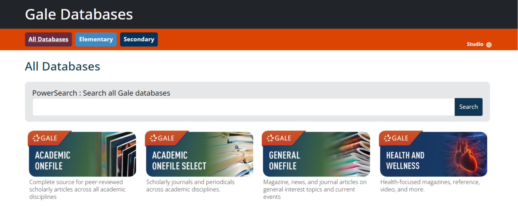Screenshot of the Gale homepage
