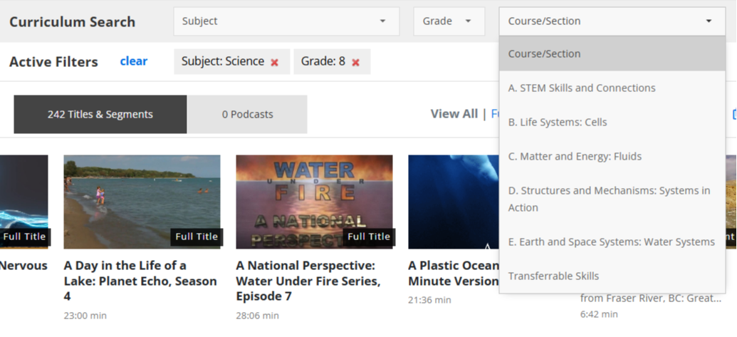 Screenshot of ON-Core curriculum search feature