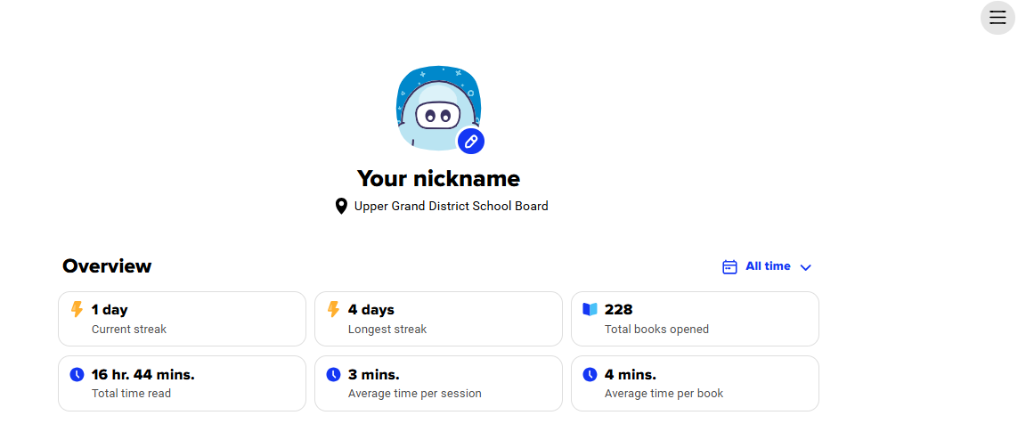Screenshot of Sora reading profile with tracking stats