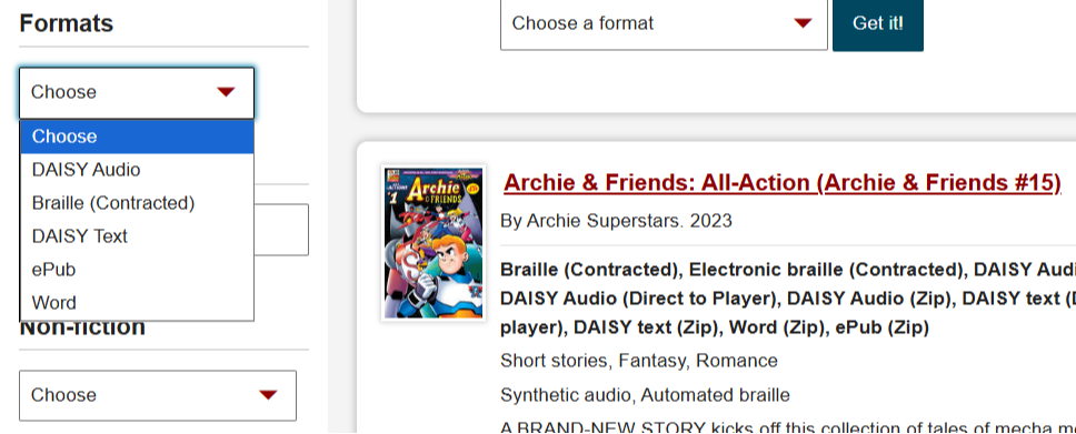 Screenshot of Formats filter on CELA search website