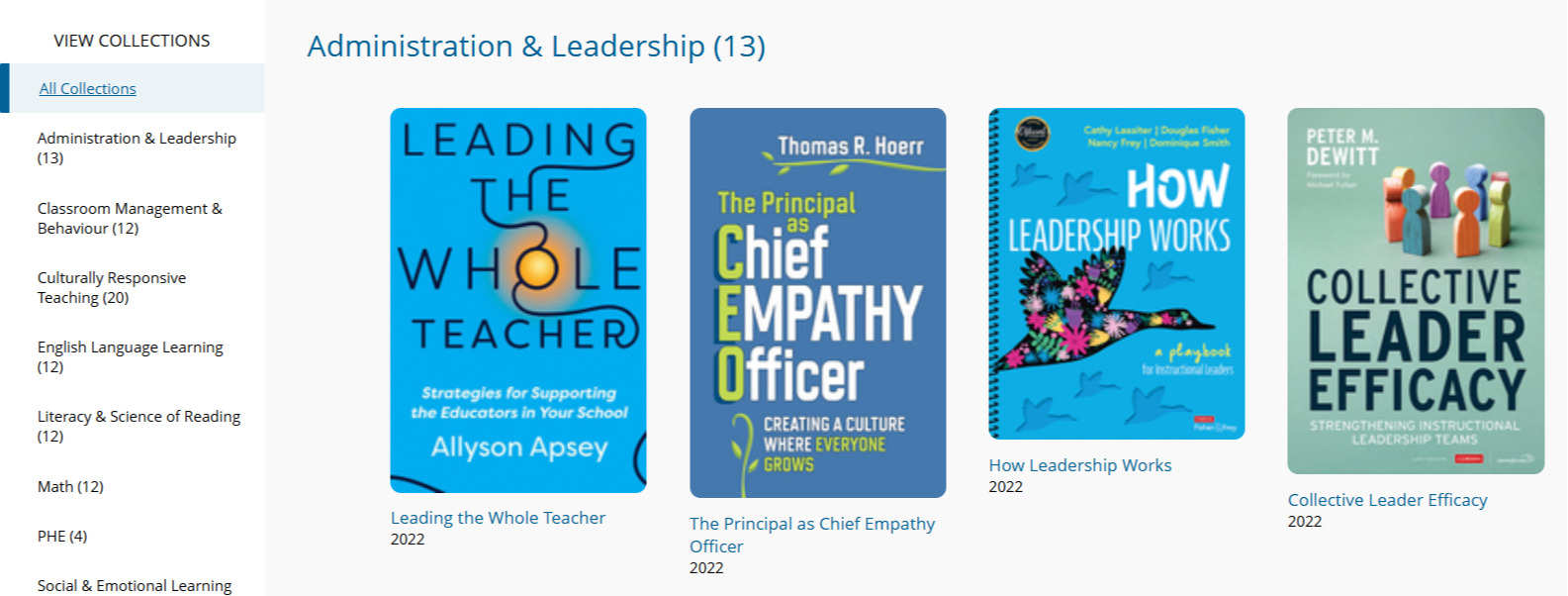Screenshot of themed collections in the Professional Learning eLibrary