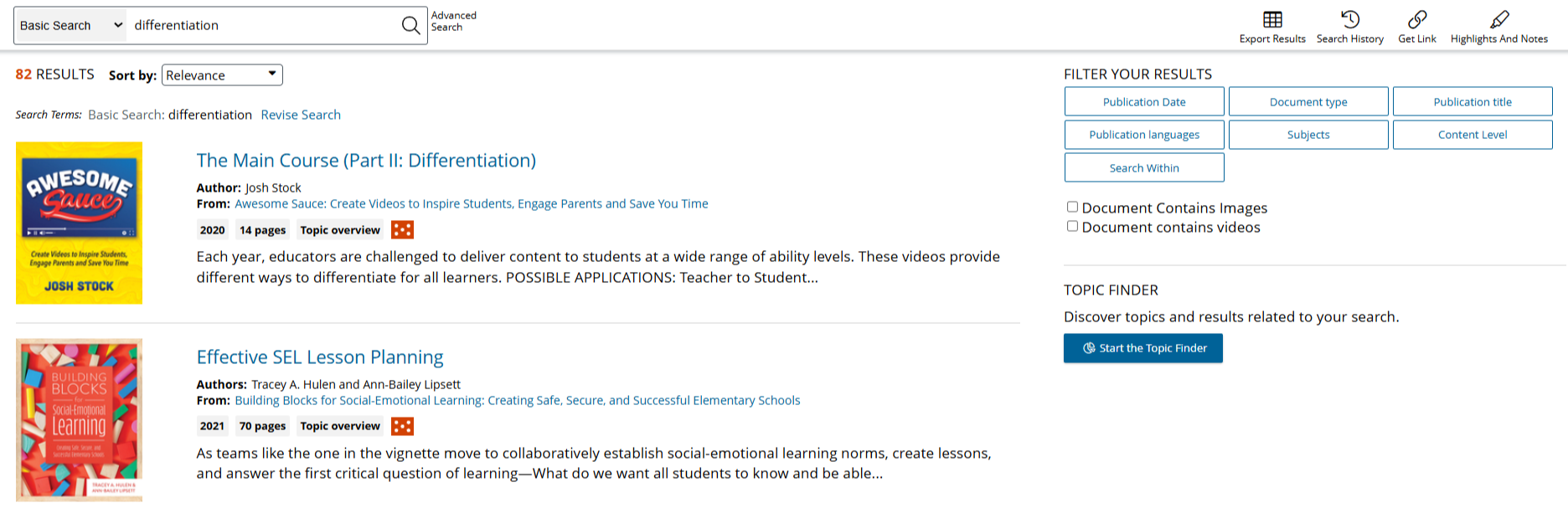 Screenshot of search results and filters in Professional Learning eLibrary