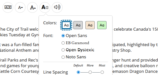 Screenshot of accessibility supports on an chapter page