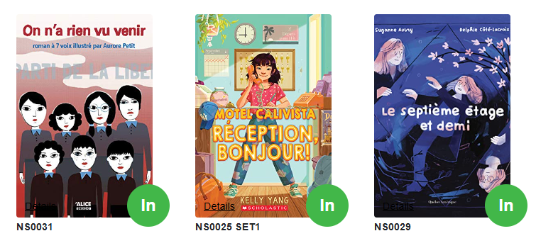 Screenshot of the covers of three French novel set titles available at TJRC