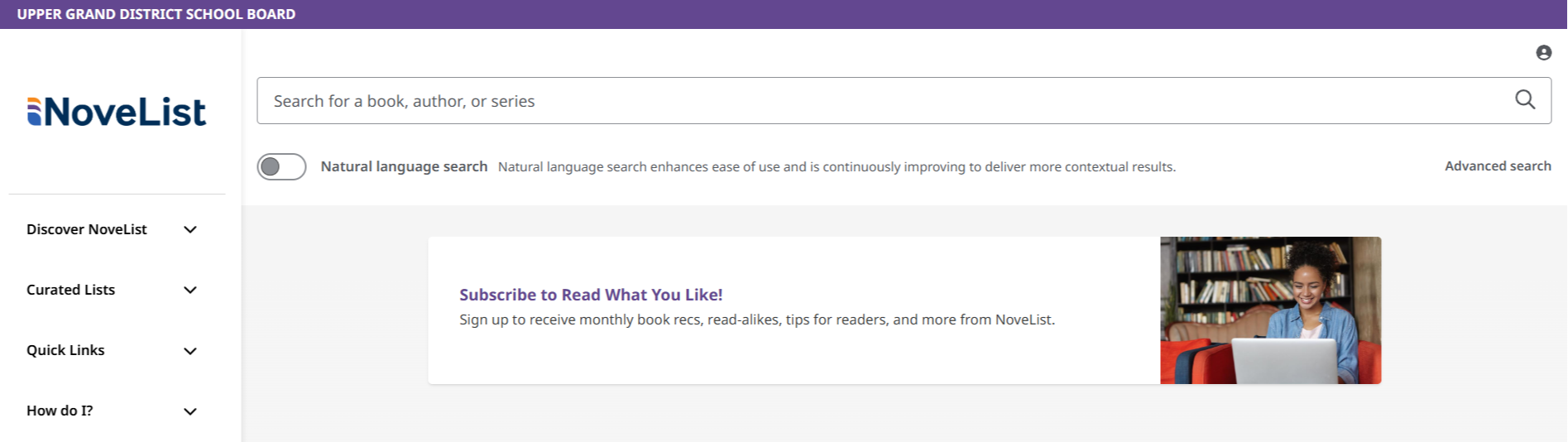 Screenshot of NoveList homepage