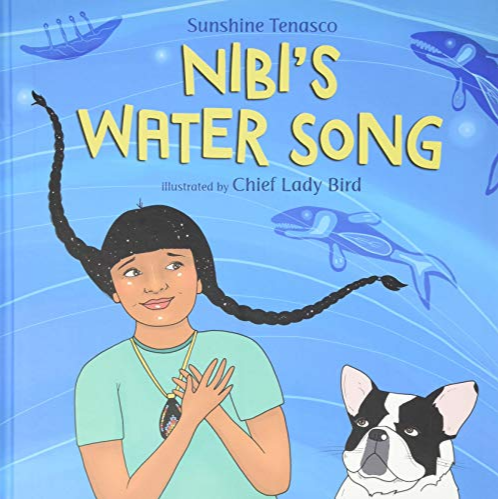 blue cover with an indigenous child with braids and green t-shirt, a black and white dog